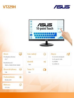 Monitor 21.5 cala VT229H FHD IPS Dotyk 10P HDMI D-SUB USB Głośnik Asus