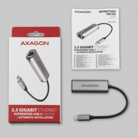ADE-25RC Karta sieciowa 2.5 Gigabit Ethernet, Realtek 8156, USB-C 3.2 Gen 1, automatyczna instalacja, szara AXAGON