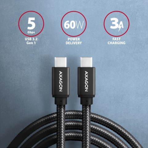 BUCM3-CM20AB Kabel USB-C - USB-C 3.2 Gen 1, 2m, PD 60W, 3A, ALU, oplot, czarny AXAGON