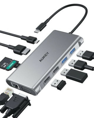 CB-C89 aluminiowy Hub USB-C | 10w1 | RJ45 Ethernet 10/100/1000Mbps | 4xUSB | HDMI 4k@30Hz | SD i microSD | USB-C Power Delivery  AUKEY