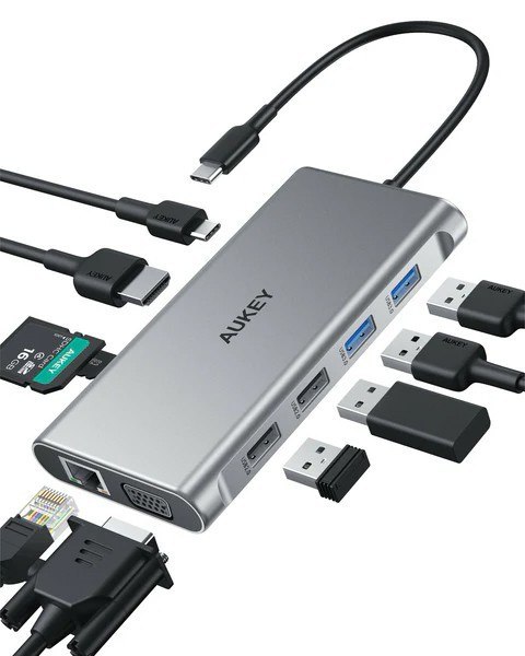 CB-C89 aluminiowy Hub USB-C | 10w1 | RJ45 Ethernet 10/100/1000Mbps | 4xUSB | HDMI 4k@30Hz | SD i microSD | USB-C Power Delivery  AUKEY