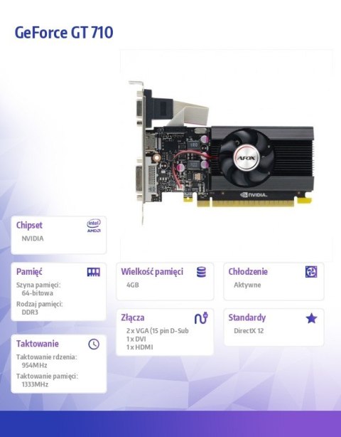 Karta graficzna GeForce GT 710 4GB DDR3 64Bit DVI HDMI VGA LP V1 AFOX Karta graficzna GeForce GT 710 4GB DDR3 64Bit DVI HDMI VGA LP V1 AFOX