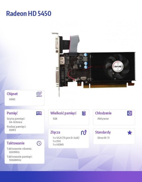 Karta graficzna Radeon HD 5450 1GB DDR3 64Bit DVI HDMI VGA LP Fan L5 AFOX Karta graficzna Radeon HD 5450 1GB DDR3 64Bit DVI HDMI VGA LP Fan L5 AFOX