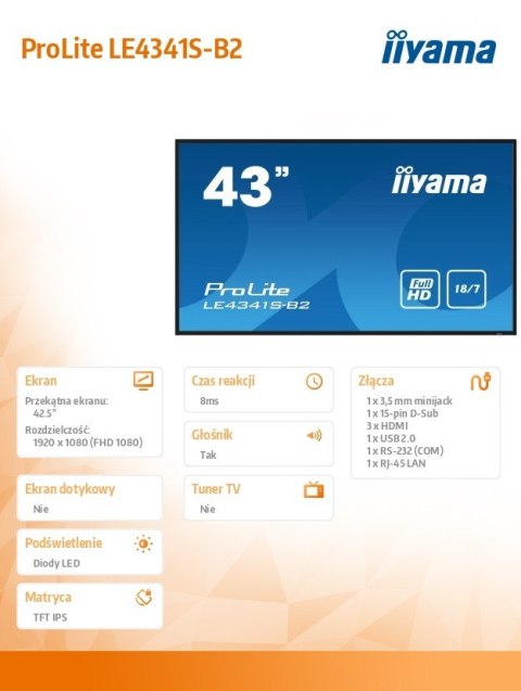 Monitor 42.5 cala ProLite LE4341S-B2 IPS,FHD,18/7,LAN,HDMI IIYAMA
