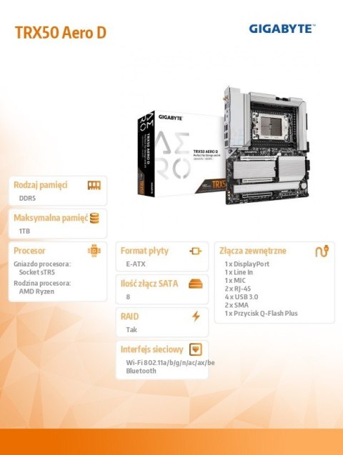 Płyta główna TRX50 AERO D sTR5 4DDR5 HDMI USB/4M.2 eATX Gigabyte Płyta główna TRX50 AERO D sTR5 4DDR5 HDMI USB/4M.2 eATX Gigabyte