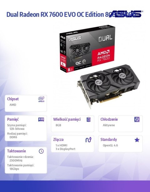 Karta graficzna Dual Radeon RX 7600 EVO OC Edition 8GB GDDR6 Asus Karta graficzna Dual Radeon RX 7600 EVO OC Edition 8GB GDDR6 Asus