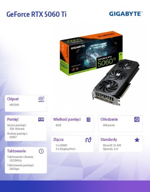Karta graficzna GeForce RTX 5060 Ti GAMING OC 8G 128BIT GDDR7 HDMI/3DP Gigabyte Karta graficzna GeForce RTX 5060 Ti GAMING OC 8G 128BIT GDDR7 HDMI/3DP Gigabyte