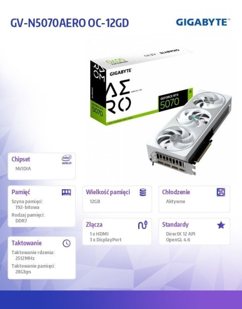 Karta graficzna GeForce RTX 5070 AERO OC 12GB GDDR7 192bit HDMI/3DP Gigabyte Karta graficzna GeForce RTX 5070 AERO OC 12GB GDDR7 192bit HDMI/3DP Gigabyte