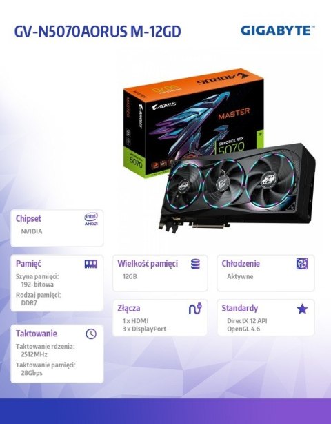 Karta graficzna GeForce RTX 5070 AORUS MASTER 12GB GDDR7 192bit HDMI/3DP Gigabyte Karta graficzna GeForce RTX 5070 AORUS MASTER 12GB GDDR7 192bit HDMI/3DP Gigabyte