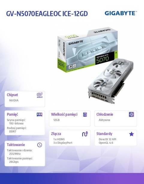 Karta graficzna GeForce RTX 5070 EAGLE OC ICE SFF 12G 192BIT GDDR7 3DP/HDMI Gigabyte Karta graficzna GeForce RTX 5070 EAGLE OC ICE SFF 12G 192BIT GDDR7 3DP/HDMI Gigabyte