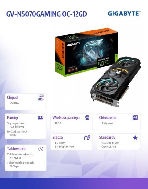 Karta graficzna GeForce RTX 5070 GAMING OC 12GB GDDR7 12GB 192bit HDMI/3DP Gigabyte