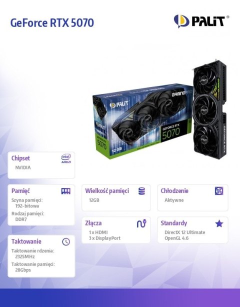 Karta graficzna GeForce RTX 5070 GAMING PRO 12GB GDDR7 192bit 3DP/HDMI Palit Karta graficzna GeForce RTX 5070 GAMING PRO 12GB GDDR7 192bit 3DP/HDMI Palit
