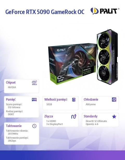 Karta graficzna RTX 5090 GameRock OC 32GB GDDR7 512bit 3DP/HDMI Palit Karta graficzna RTX 5090 GameRock OC 32GB GDDR7 512bit 3DP/HDMI Palit