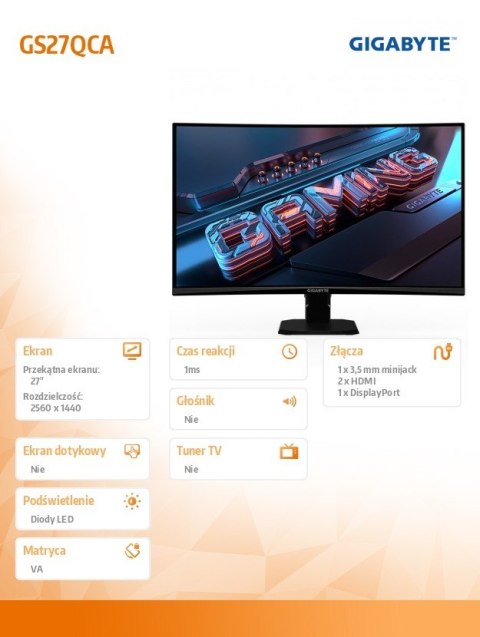 Monitor 27 cali GS27QCA 1ms/5000:1/QHD/2xHDMI/DP Gigabyte