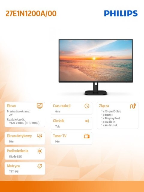 Monitor 27E1N1200A 27 cali IPS 120Hz HDMI DP VGA Głośniki Philips Monitor 27E1N1200A 27 cali IPS 120Hz HDMI DP VGA Głośniki Philips