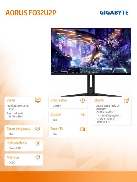 Monitor 31,5 cala FO32U2P OLED 0,03MS UHD 240HZ 4K Gigabyte Monitor 31,5 cala FO32U2P OLED 0,03MS UHD 240HZ 4K Gigabyte