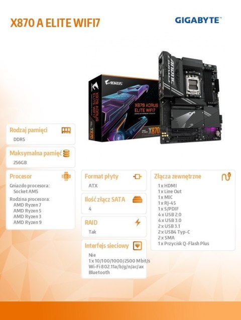 Płyta główna X870 A ELITE WIFI7 AM5 4DDR5 HDMI/USB-C ATX Gigabyte