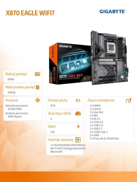 Płyta główna X870 EAGLE WIFI7 AM5 4DDR5 HDMI/USB-C ATX Gigabyte