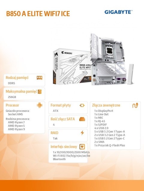 Płyta główna B850 A ELITE WIFI7 ICE Gigabyte