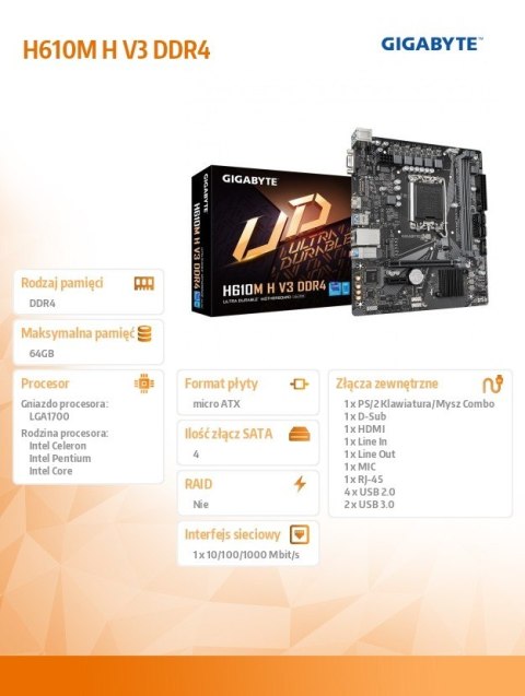 Płyta główna H610M H V3 DDR4 s1700 2DDR4 HDMI USB mATX Gigabyte Płyta główna H610M H V3 DDR4 s1700 2DDR4 HDMI USB mATX Gigabyte