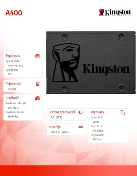 Dysk SSD A400 series 240GB SATA3 2.5 Kingston