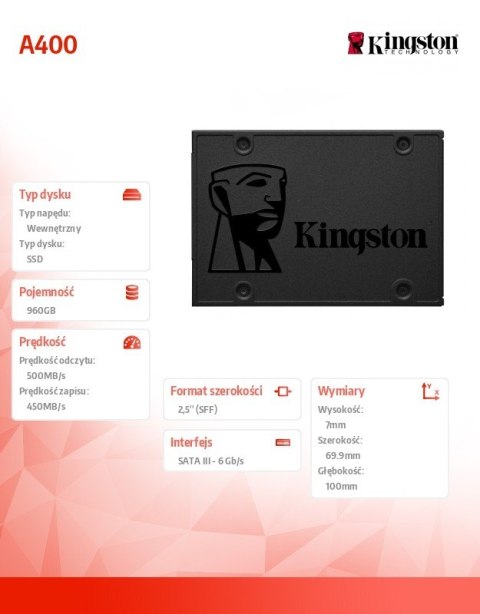 Dysk SSD A400 series 960GB SATA3 2.5 Kingston