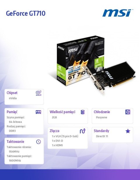 Karta graficzna GeForce GT 710 2GB DDR3 64BIT DVI/D-SUB/HDMI MSI