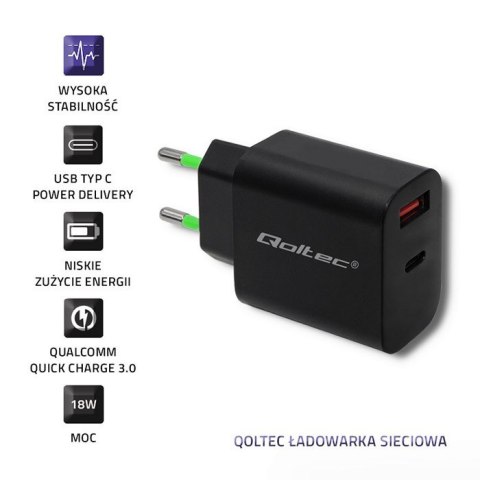 Ładowarka sieciowa | 18W | 5-12V | 1.5-3A | USB typ C PD | USB QC 3.0 | Czarna Qoltec Ładowarka sieciowa | 18W | 5-12V | 1.5-3A | USB typ C PD | USB QC 3.0 | Czarna Qoltec