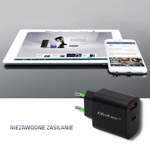 Ładowarka sieciowa | 18W | 5-12V | 1.5-3A | USB typ C PD | USB QC 3.0 | Czarna Qoltec Ładowarka sieciowa | 18W | 5-12V | 1.5-3A | USB typ C PD | USB QC 3.0 | Czarna Qoltec