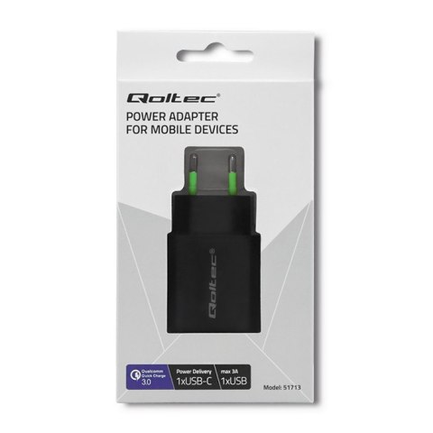Ładowarka sieciowa | 18W | 5-12V | 1.5-3A | USB typ C PD | USB QC 3.0 | Czarna Qoltec Ładowarka sieciowa | 18W | 5-12V | 1.5-3A | USB typ C PD | USB QC 3.0 | Czarna Qoltec