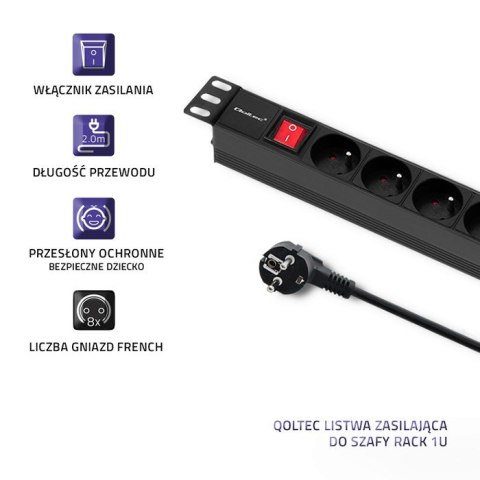 Listwa zasilająca do szafy RACK 1U | 16A | PDU | 8xFRENCH | 2m Qoltec Listwa zasilająca do szafy RACK 1U | 16A | PDU | 8xFRENCH | 2m Qoltec