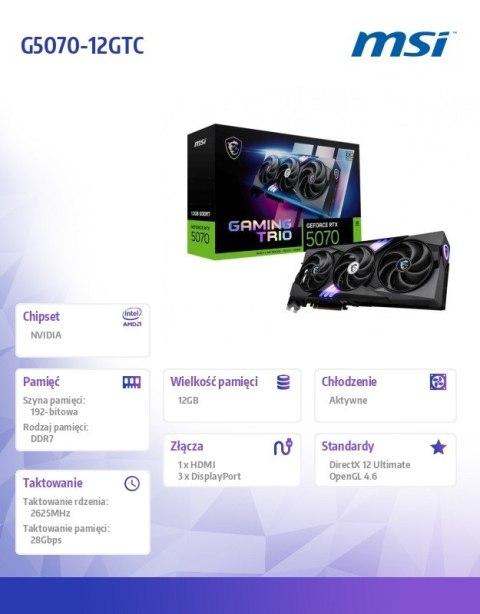 Karta graficzna GeForce RTX 5070 12G GAMING TRIO OC GDDR7 192bit HDMI/3DP MSI