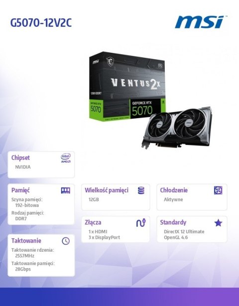 Karta graficzna GeForce RTX 5070 12G VENTUS 2X OC GDDR7 192bit HDMI/3DP MSI