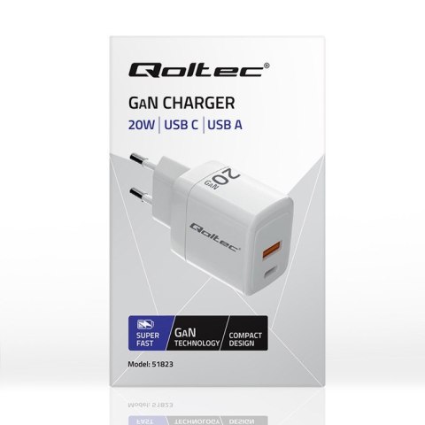 Ładowarka sieciowa 20W GaN | 5-20V | 1.5-3A | 1xUSB-C PD | 1xUSB QC 3.0 | Biała Qoltec Ładowarka sieciowa 20W GaN | 5-20V | 1.5-3A | 1xUSB-C PD | 1xUSB QC 3.0 | Biała Qoltec