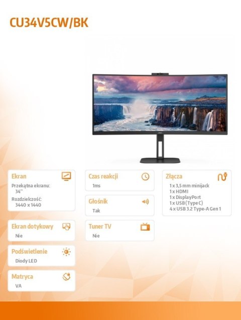 Moniotr CU34V5CW 34 cali 100Hz Curved VA HDMI DP USB-C AOC