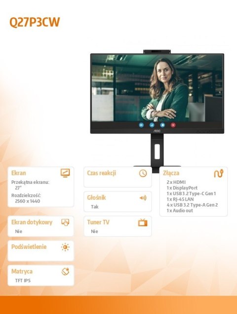 Monitor Q27P3CW 27 cali IPS DP HDMIx2 USB-C Pivot Kamera