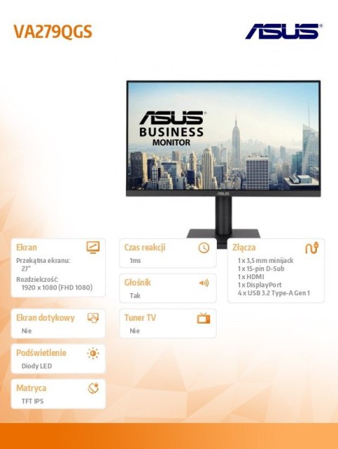 Monitor 27 cali VA279QGS IPS FHD 120Hz HDMI VGA Asus Monitor 27 cali VA279QGS IPS FHD 120Hz HDMI VGA Asus