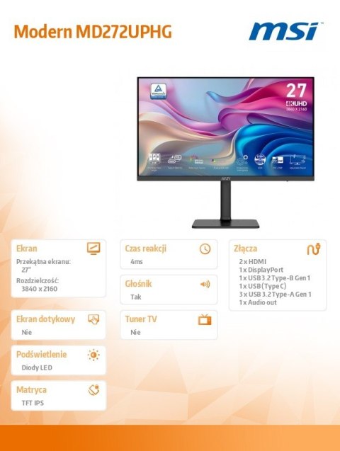 Monitor Modern MD272UPHG 27 cali/LED/UHD/Flat/60Hz/Czarny MSI