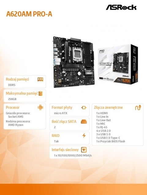 Płyta główna A620AM PRO-A AM5 4DDR5 HDMI M.2 mATX ASRock Płyta główna A620AM PRO-A AM5 4DDR5 HDMI M.2 mATX ASRock