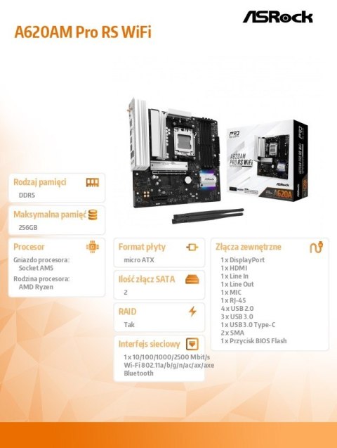 Płyta główna A620AM PRO RS WIFI AM5 4DDR5 HDMI/DP M.2 mATX ASRock Płyta główna A620AM PRO RS WIFI AM5 4DDR5 HDMI/DP M.2 mATX ASRock