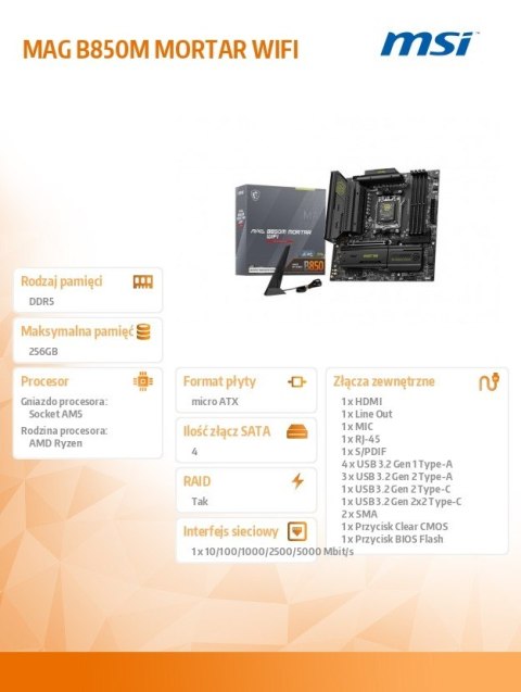 Płyta główna MAG B850M MORTAR WIFI AM5 4DDR5 mATX MSI