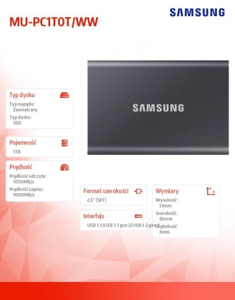 Dysk Portable T7 1TB USB3.2 GEN.2 szary Samsung