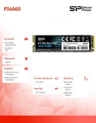 Dysk SSD A60 256GB M.2 PCIe 2100/1200 MB/s NVMe Silicon Power