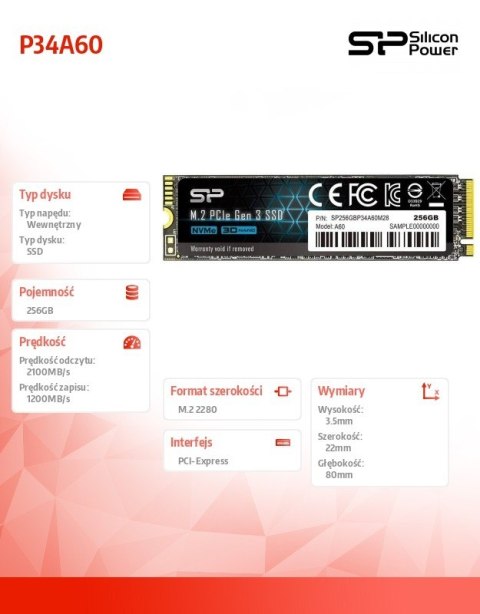 Dysk SSD A60 256GB M.2 PCIe 2100/1200 MB/s NVMe Silicon Power Dysk SSD A60 256GB M.2 PCIe 2100/1200 MB/s NVMe Silicon Power