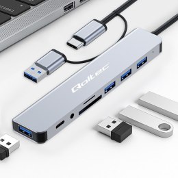 HUB Adapter 8w1 USB-C/USB | USB-C | 4xUSB | SD/TF card | Jack 3.5mm TRRS Qoltec