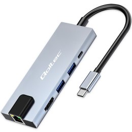 HUB Adapter USB-C 5w1 | USB-C PD 100W | 2xUSB | HDMI 4K | RJ45 Qoltec
