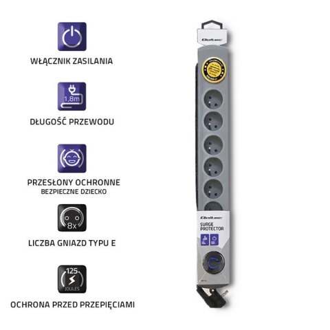 Listwa antyprzepięciowa Quick Switch, 8 gniazd, 1,8m, szara Qoltec Listwa antyprzepięciowa Quick Switch, 8 gniazd, 1,8m, szara Qoltec
