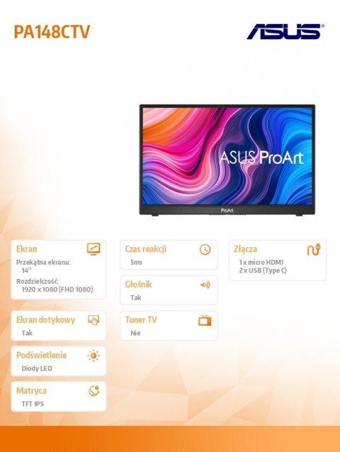 Monitor 14 cali PA148CTV IPS mHDMI USB-C Głośnik PIVOT sRGB 100% Asus Monitor 14 cali PA148CTV IPS mHDMI USB-C Głośnik PIVOT sRGB 100% Asus