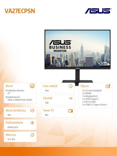 Monitor 27 cali VA27ECPSN DP, HDMI, TYPEC, 3XUSB, RJ45, GŁOŚNIKI Asus Monitor 27 cali VA27ECPSN DP, HDMI, TYPEC, 3XUSB, RJ45, GŁOŚNIKI Asus