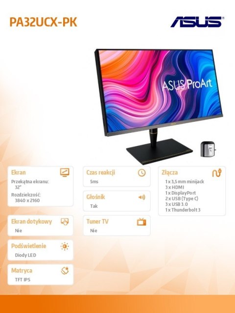 Monitor 32 cale ProArt PA32UCX-PK 4K HDR IPS Mini LED Pro 1200nit HDMI DP USB Thunderbolt3 100%sRGB Asus